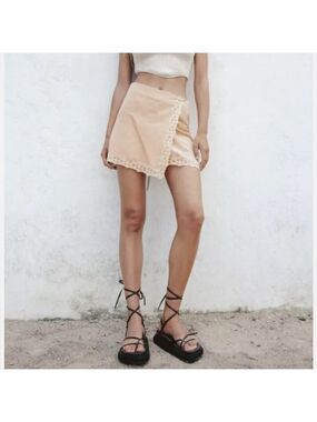 Zara Linen Blend Mini Lace Crochet Trim Neutral Wrap Skirt 7521/206